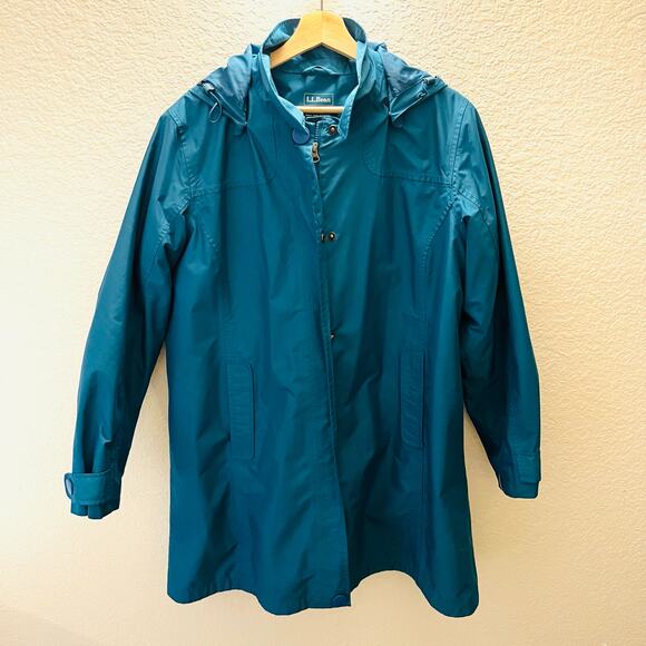 Vintage L.L.Bean Women’s Insulated Rain Trench Coat Teal Wool Lined L Nylon Hood - Picture 2 of 10
